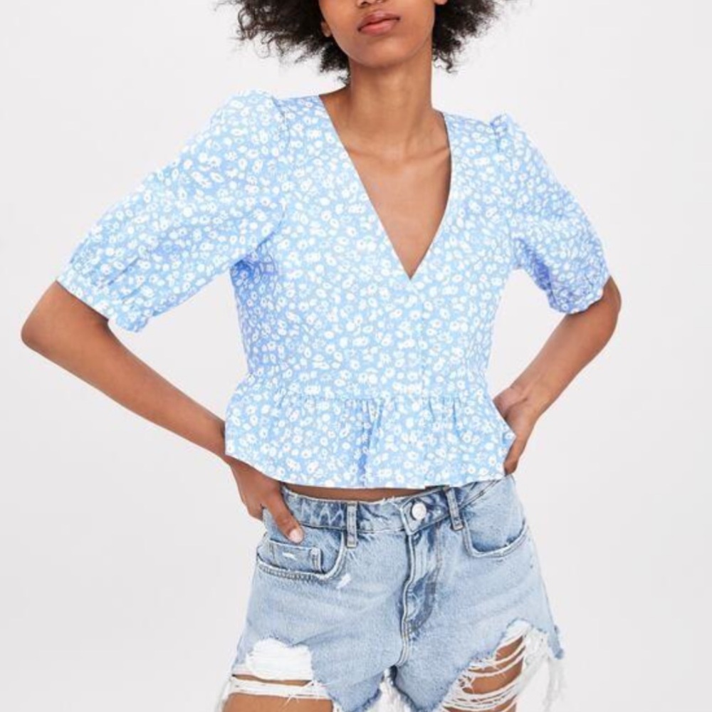 Zara Blue Floral Short Sleeve Top